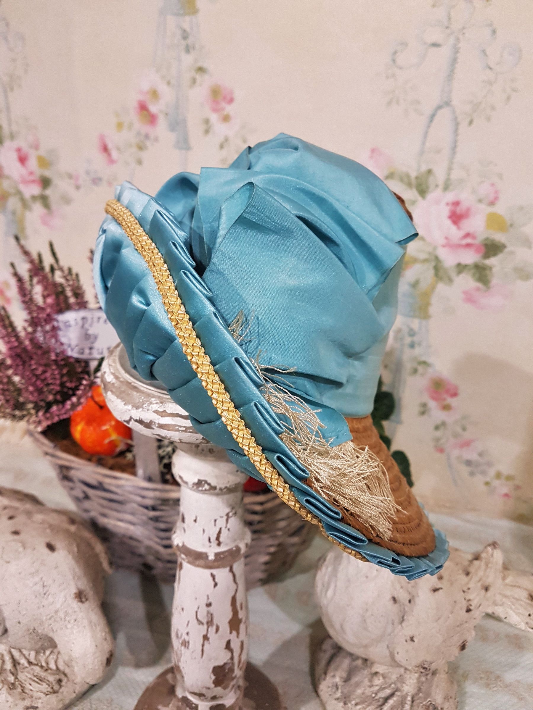 Stunning French Blue Silk Costume with Antique Straw Bonnet