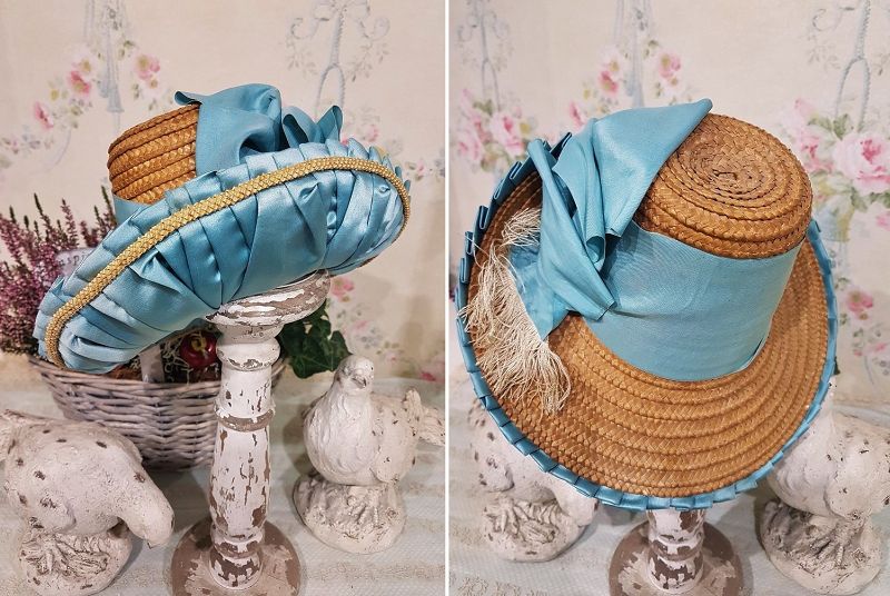 Stunning French Blue Silk Costume with Antique Straw Bonnet