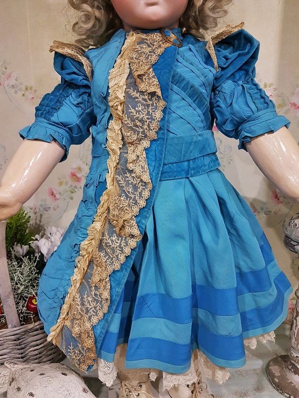 Stunning French Blue Silk Costume with Antique Straw Bonnet