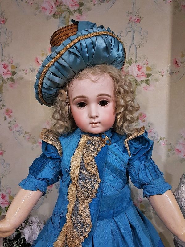 Stunning French Blue Silk Costume with Antique Straw Bonnet