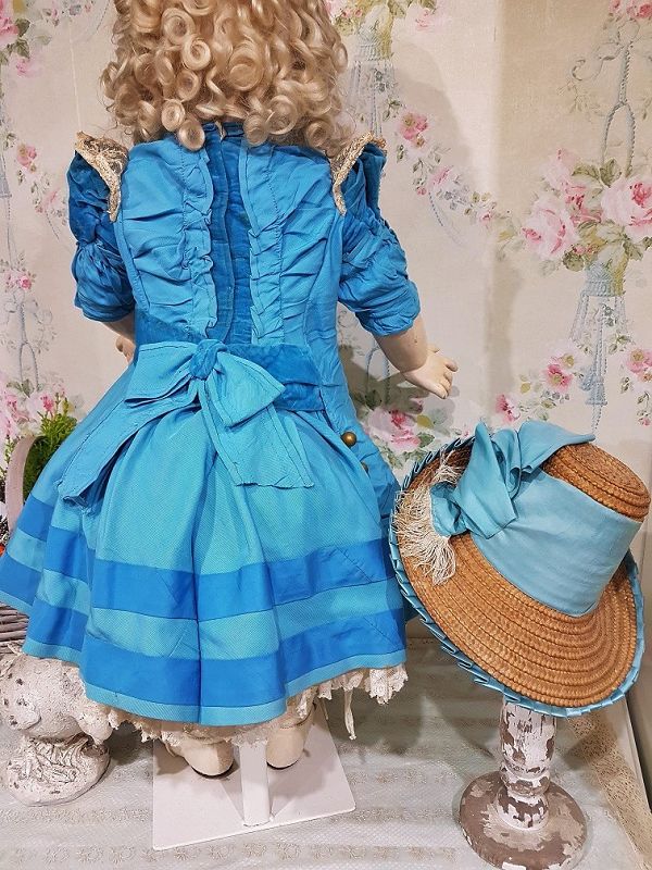 Stunning French Blue Silk Costume with Antique Straw Bonnet