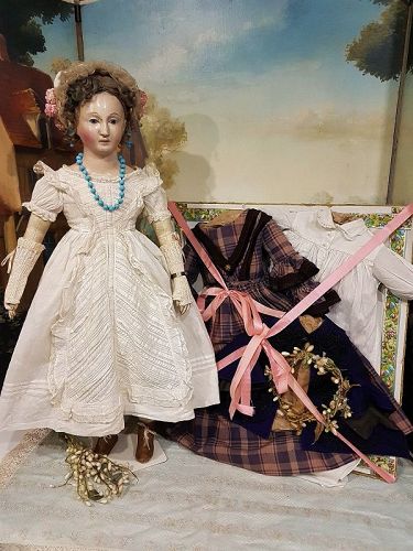 Fine French Paper-Mache Lady Doll with rare Blue Eyes & Extra Clothing