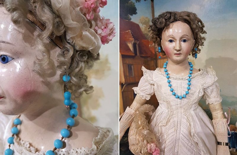 Fine French Paper-Mache Lady Doll with rare Blue Eyes &amp; Extra Clothing