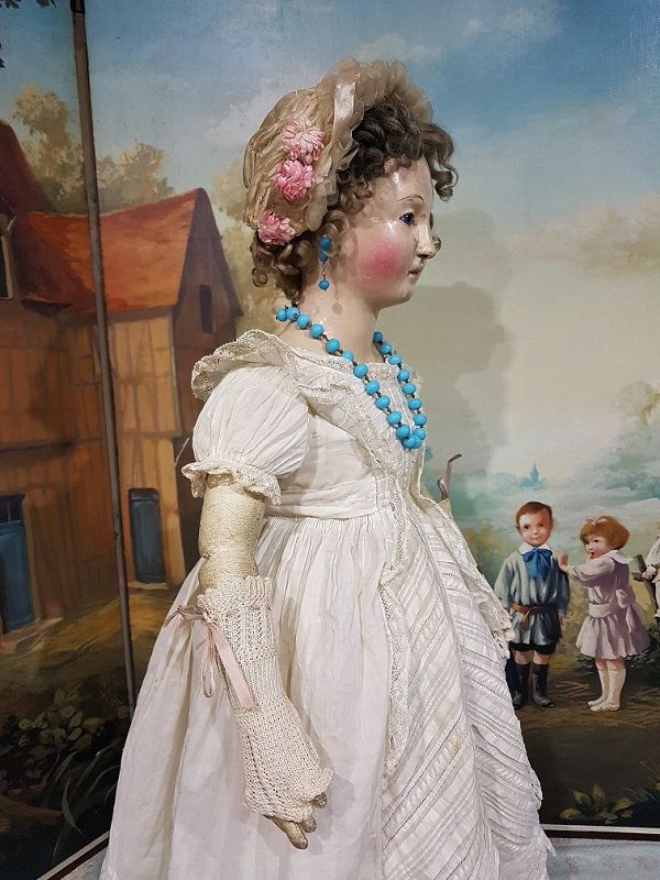 Fine French Paper-Mache Lady Doll with rare Blue Eyes &amp; Extra Clothing