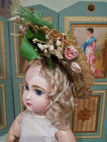 ~~~ Most beautiful Fancy Antique Doll Straw Bonnet ~~~