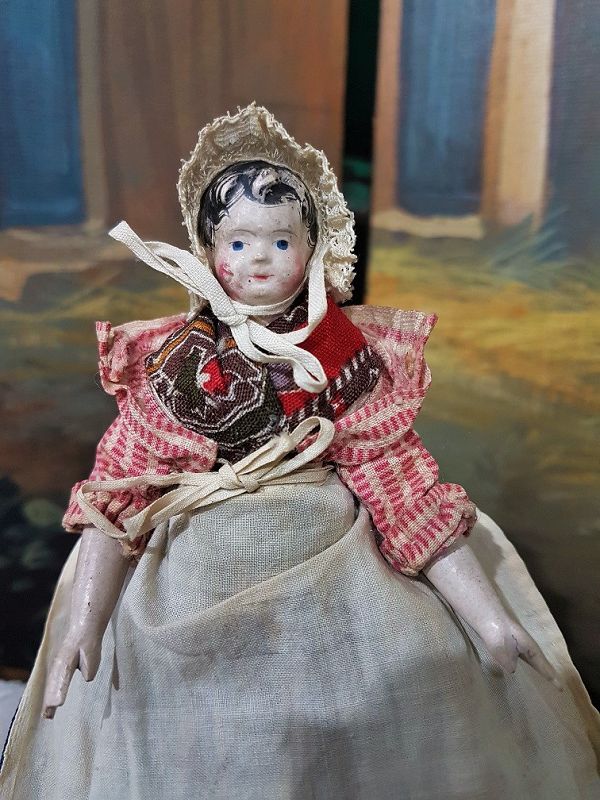 Rare Early Grodnertal Wooden Doll with superb Original Costume