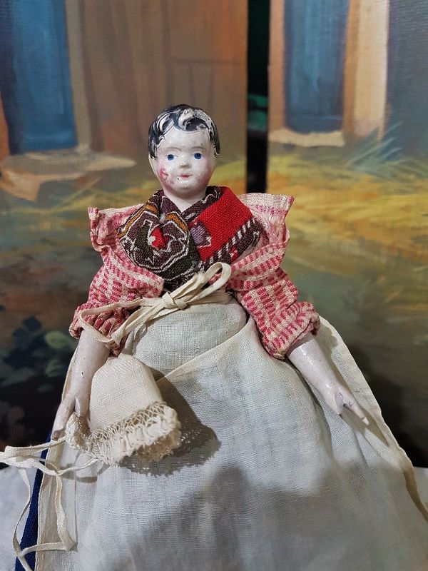 Rare Early Grodnertal Wooden Doll with superb Original Costume