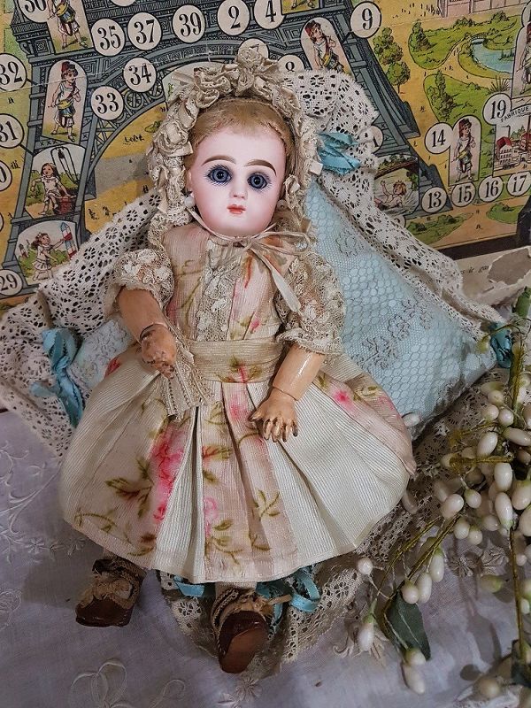 Rare 9&quot; Tiny Size 0 Mademoiselle Jumeau in Pretty Antique Clothing