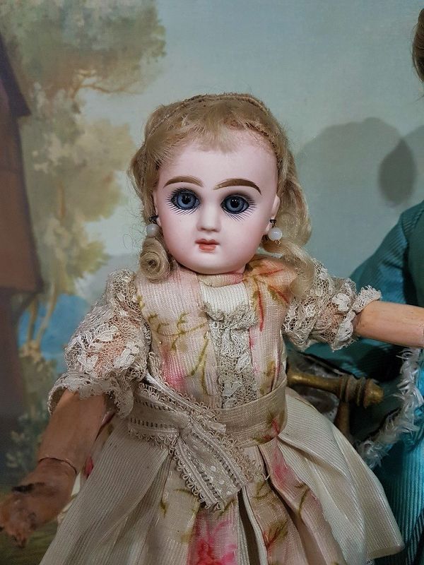 Rare 9&quot; Tiny Size 0 Mademoiselle Jumeau in Pretty Antique Clothing