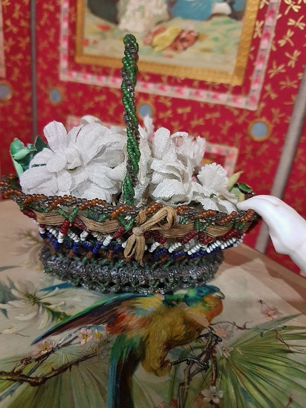 Rare French Poupee Pearl Basket with Flowers / France 1875