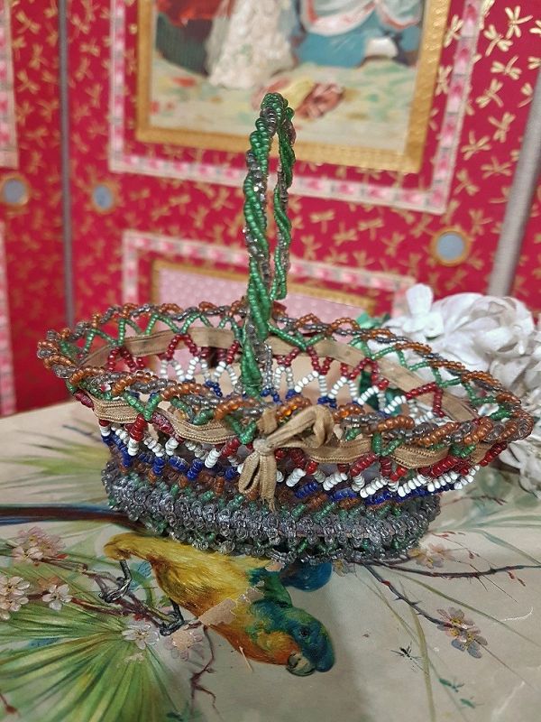 Rare French Poupee Pearl Basket with Flowers / France 1875