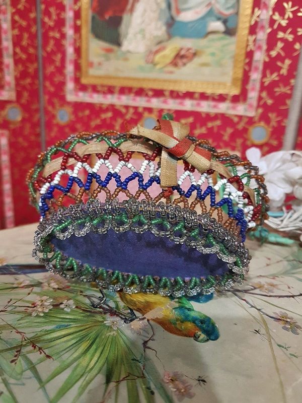 Rare French Poupee Pearl Basket with Flowers / France 1875