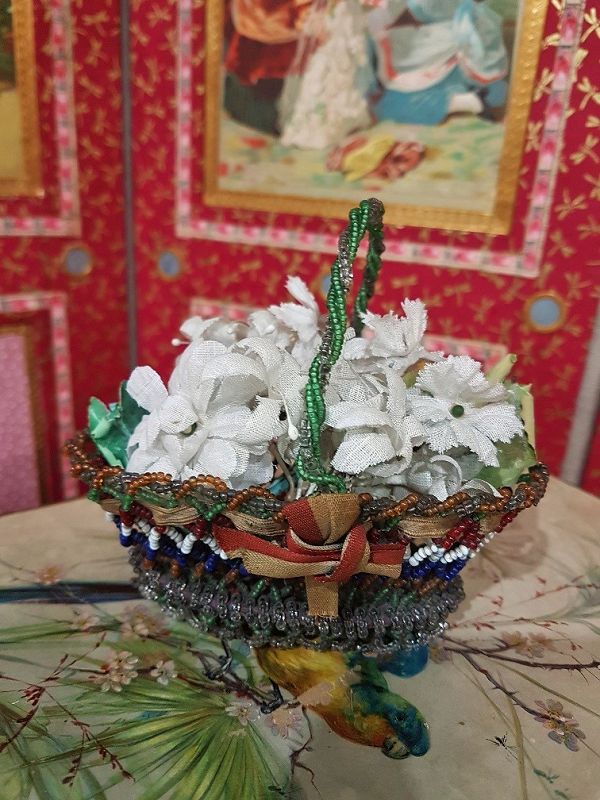 Rare French Poupee Pearl Basket with Flowers / France 1875