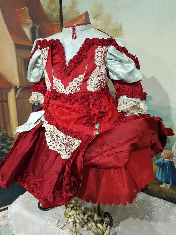 ~~~ Pretty Jumeau Red Silk Bebe Costume with Bonnet ~~~