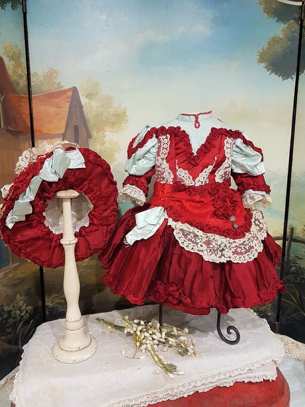 ~~~ Pretty Jumeau Red Silk Bebe Costume with Bonnet ~~~