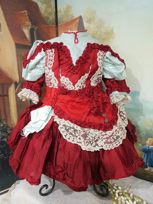 ~~~ Pretty Jumeau Red Silk Bebe Costume with Bonnet ~~~