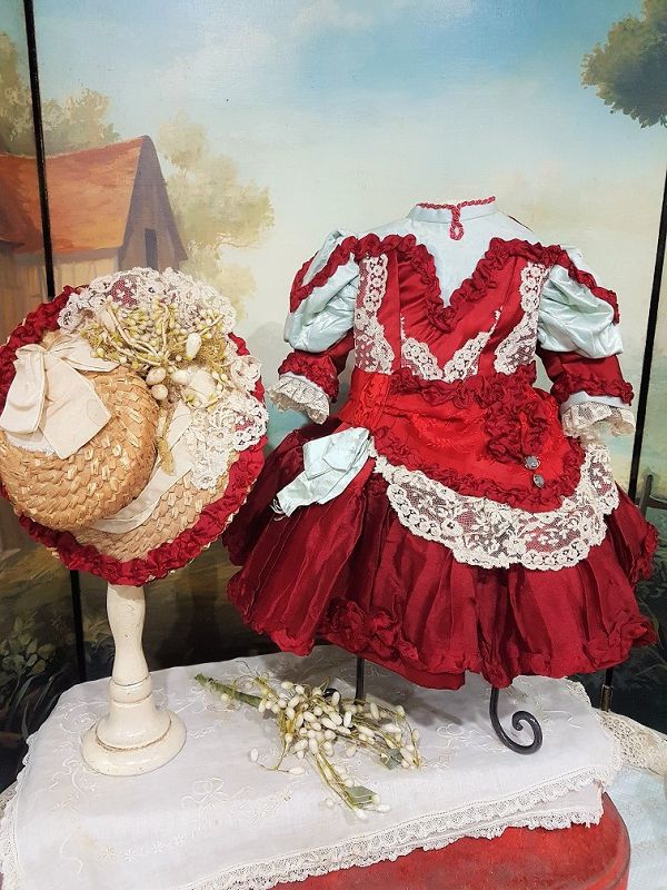 ~~~ Pretty Jumeau Red Silk Bebe Costume with Bonnet ~~~