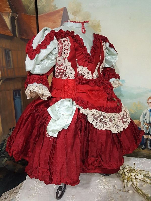 ~~~ Pretty Jumeau Red Silk Bebe Costume with Bonnet ~~~