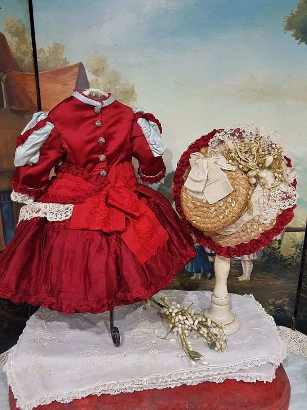 ~~~ Pretty Jumeau Red Silk Bebe Costume with Bonnet ~~~