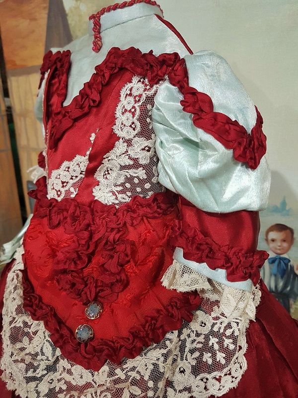 ~~~ Pretty Jumeau Red Silk Bebe Costume with Bonnet ~~~