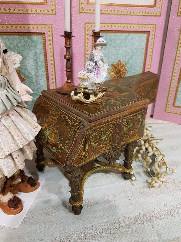 Rare French Miniature Piano Box with Romantic Painted Scenes