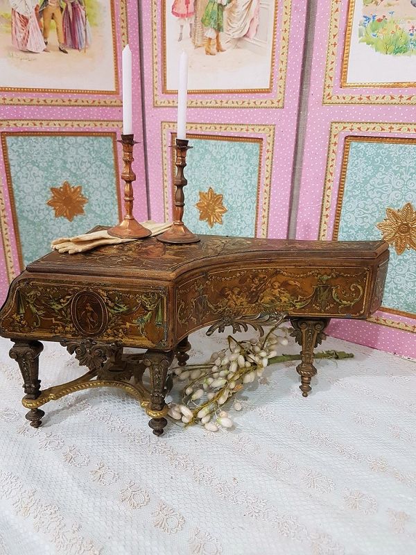 Rare French Miniature Piano Box with Romantic Painted Scenes