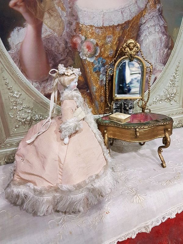 Lovely early Bisque Doll House Mademoiselle in original Silk Gown