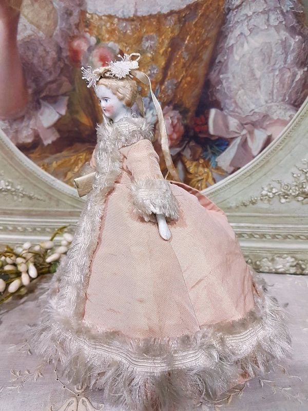 Lovely early Bisque Doll House Mademoiselle in original Silk Gown