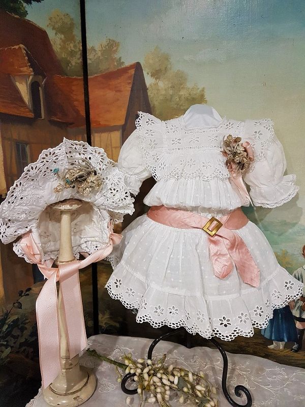 Pretty Antique white French Bebe Muslin Costume with Bonnet
