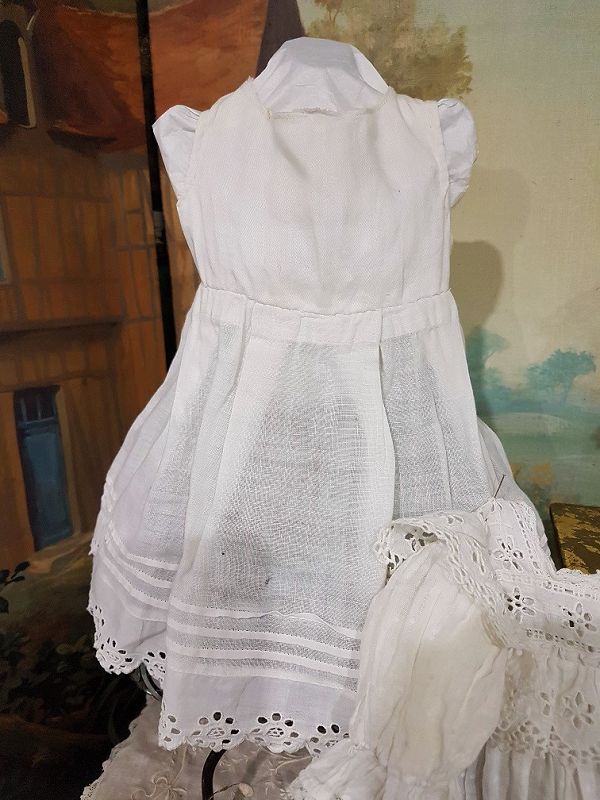 Pretty Antique white French Bebe Muslin Costume with Bonnet