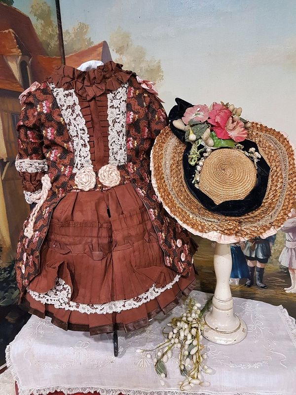 One of a Kind French Silk Bebe Costume with Antique Straw Bonnet