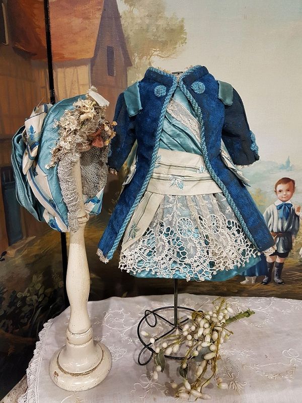 Pretty French Silk and Velvet Bebe Costume with Bonnet