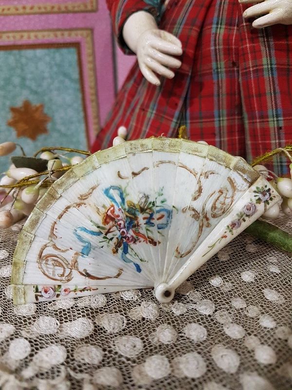 Rare Miniature Poupee Fan with Oil Painted Ornaments ... 1858/60