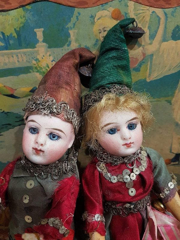 Lovely Bisque Jester Mignonette Boy &amp; Girl in original Clothing