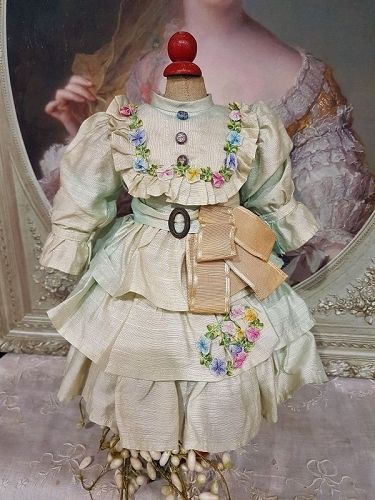 Lovely antique silk dress with flowers trim for 13"/14" Doll