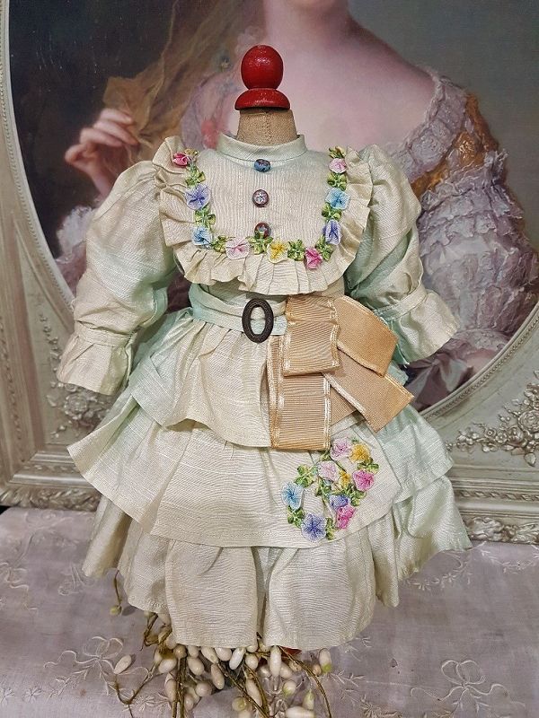 Lovely antique silk dress with flowers trim for 13&quot;/14&quot; Doll