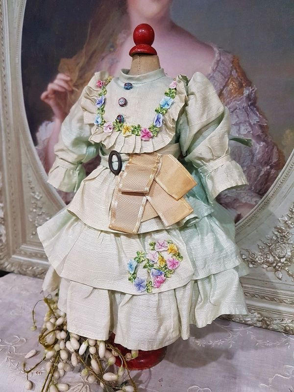 Lovely antique silk dress with flowers trim for 13&quot;/14&quot; Doll