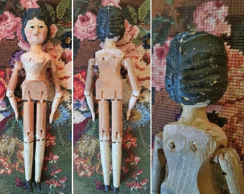 Outstanding Early Wooden Doll in Beautiful Silk Costume