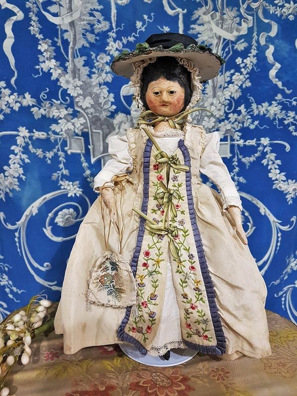 Outstanding Early Wooden Doll in Beautiful Silk Costume