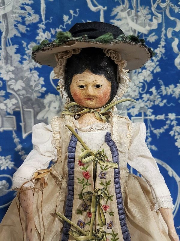 Outstanding Early Wooden Doll in Beautiful Silk Costume