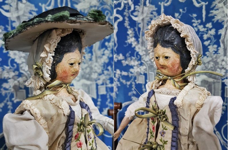 Outstanding Early Wooden Doll in Beautiful Silk Costume