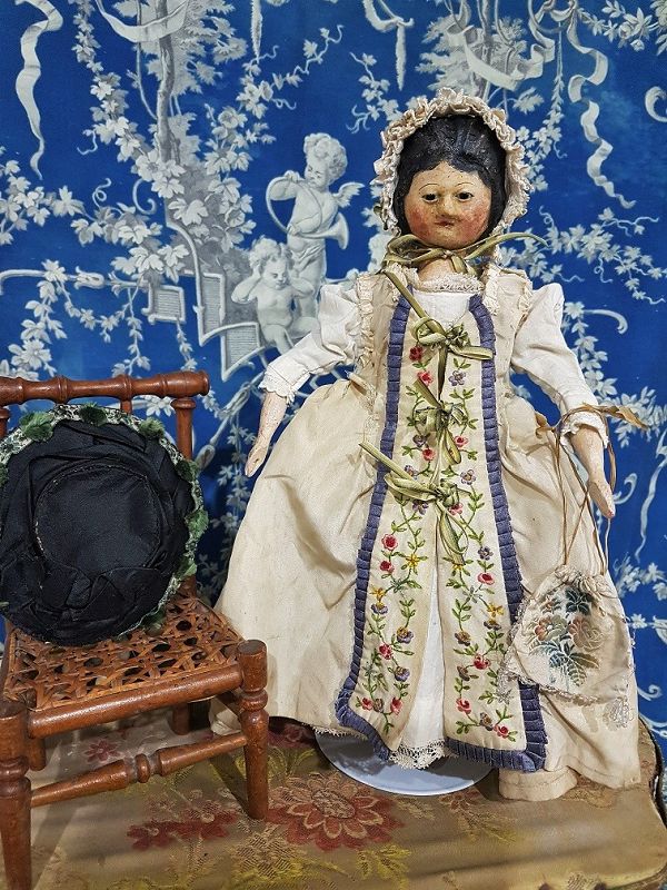 Outstanding Early Wooden Doll in Beautiful Silk Costume