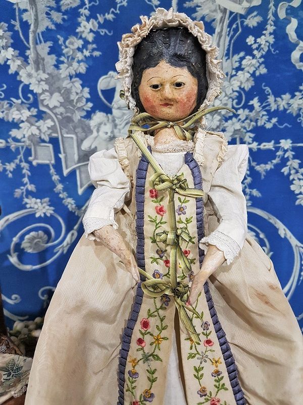 Outstanding Early Wooden Doll in Beautiful Silk Costume