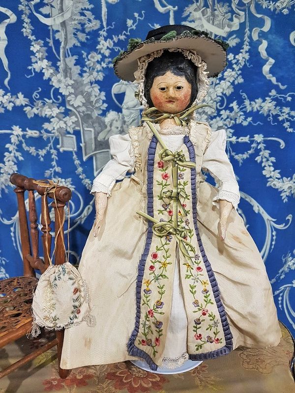 Outstanding Early Wooden Doll in Beautiful Silk Costume