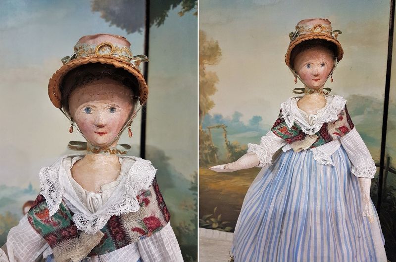 Rare pristine 17 &quot; Grodnertal Wooden Doll in lovely Clothing