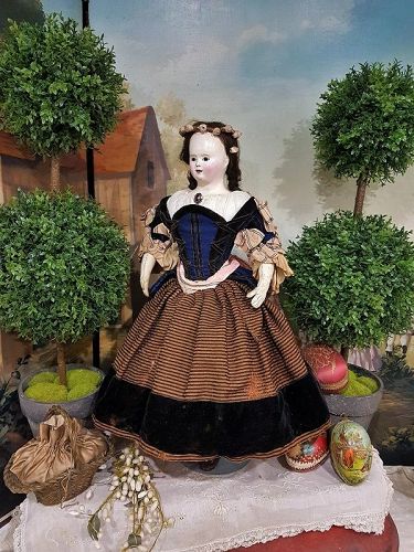 All original 1840-Era French Paper Mache Doll with gorgeous Costume