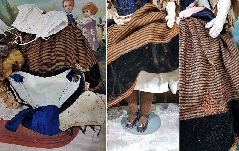 All original 1840-Era French Paper Mache Doll with gorgeous Costume