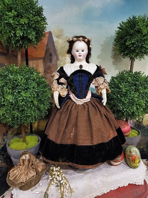 All original 1840-Era French Paper Mache Doll with gorgeous Costume