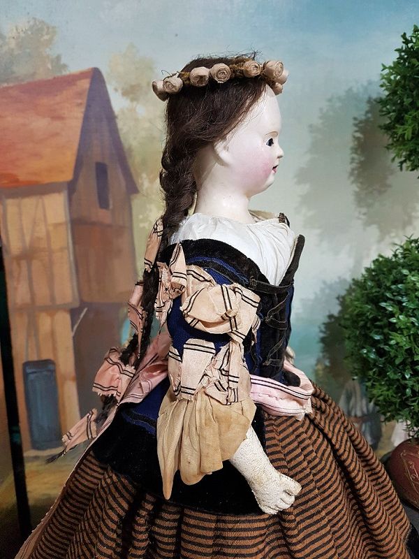 All original 1840-Era French Paper Mache Doll with gorgeous Costume