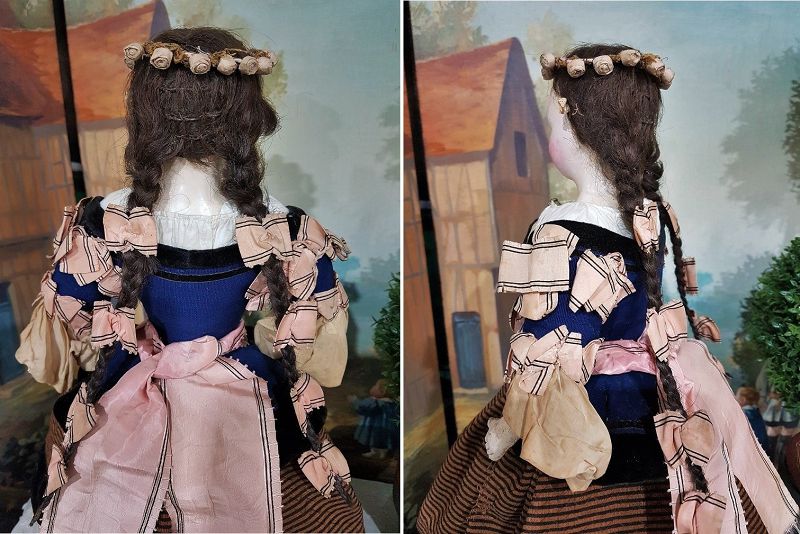 All original 1840-Era French Paper Mache Doll with gorgeous Costume